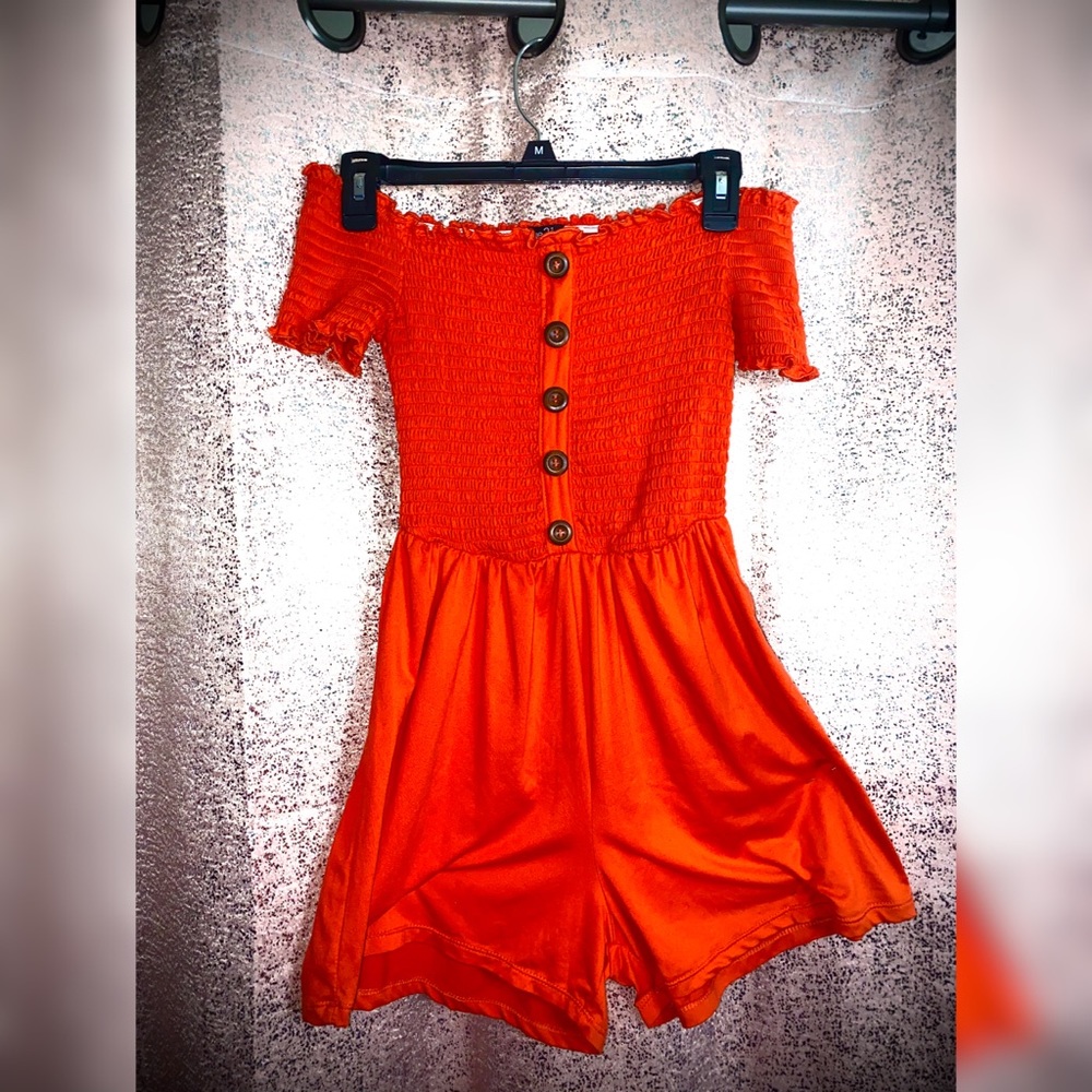 Red Off Shoulder Smocked Romper
